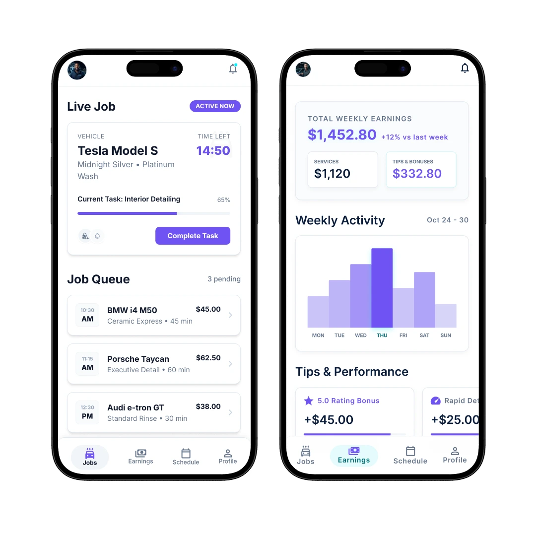 Washer / Staff App — Manage Jobs and Earnings