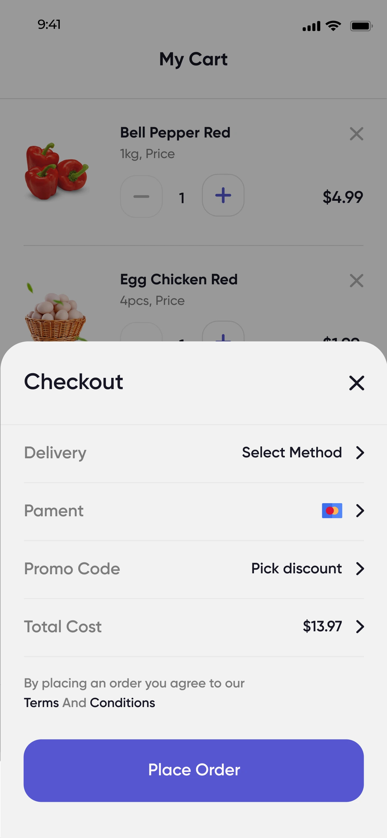 Grocery app checkout and payment screen Grocery app checkout and payment screen